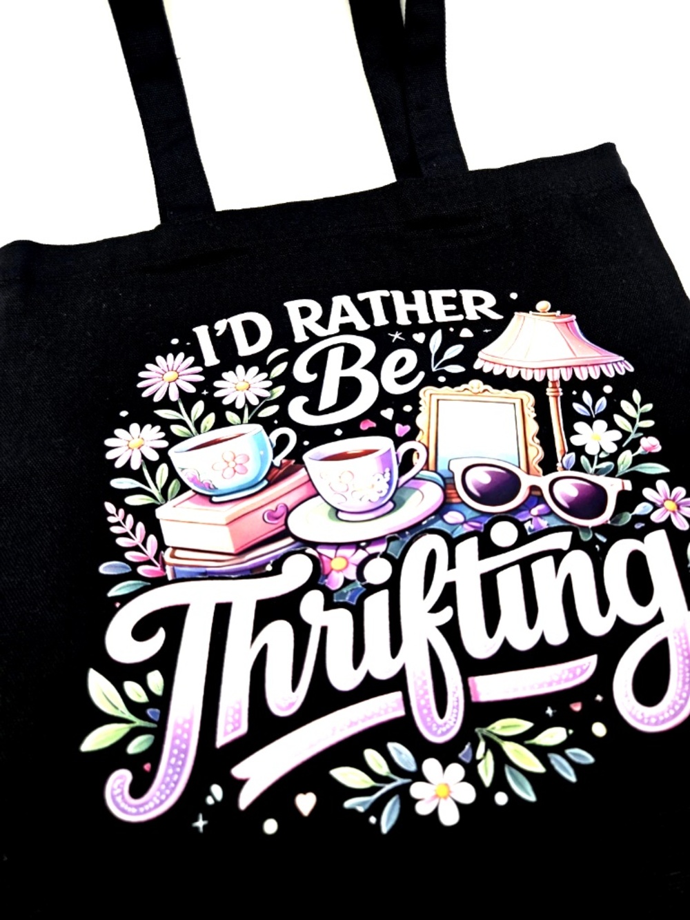 Tote Bag Graphic Canvas Id Rather Be Thrifting Black Carry Handle 13.5x13.5in - Picture 2 of 6